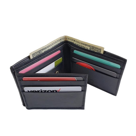 Men's Black Genuine Leather Bifold Traveler Wallet with Button NEW - Picture 9 of 10